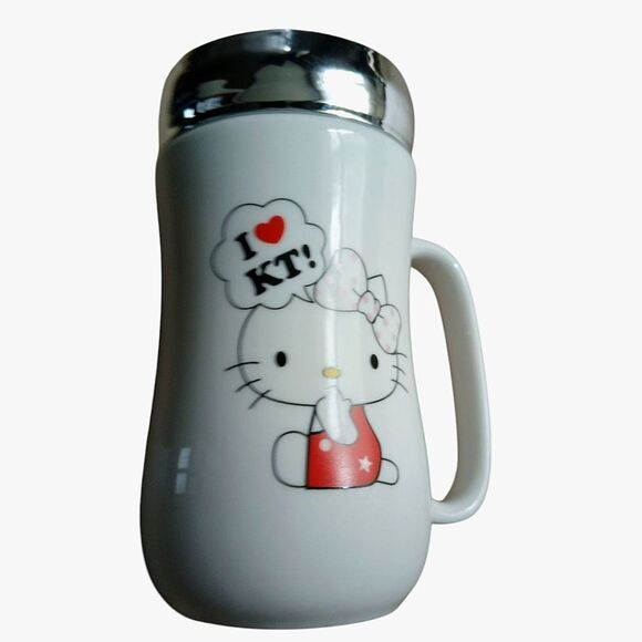 Hello Kitty Other - Hello Kitty White Travel Mug with Silver Mirror Lid Ceramic